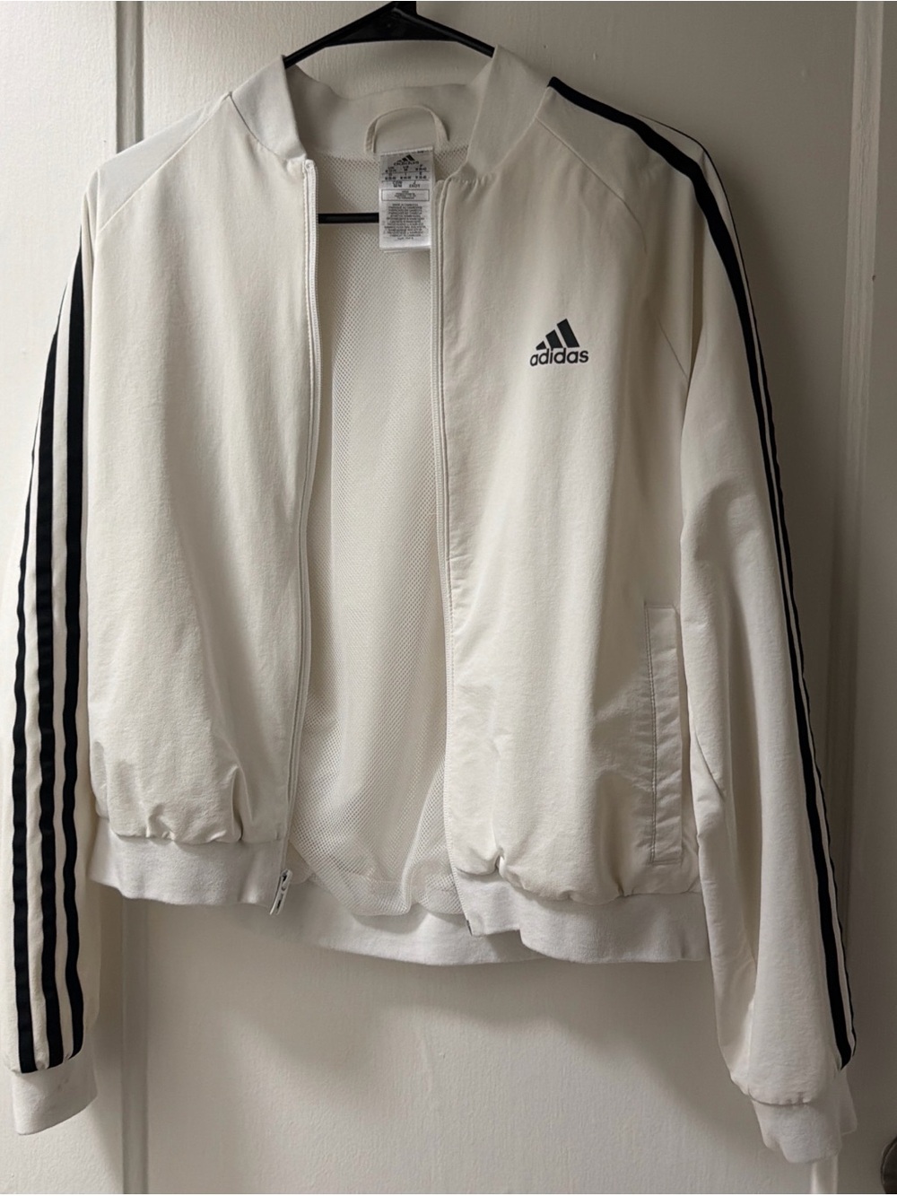 Adidas white track jacket with black stripes